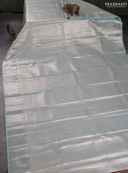 Bangalori tissue silk saree teal blue with allover zari woven brocade weaves and zari woven border