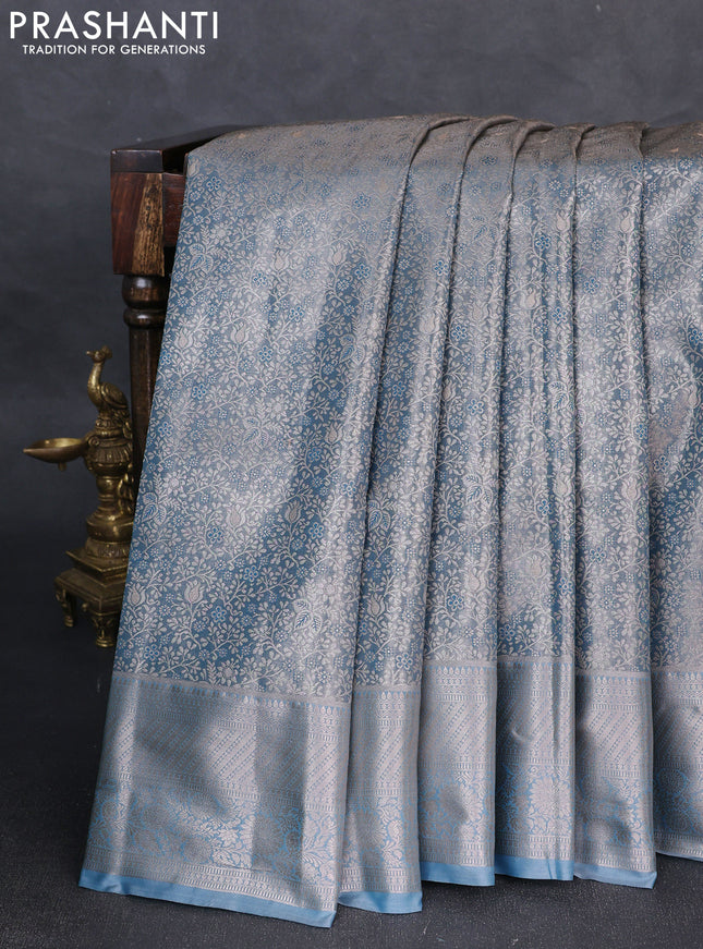 Bangalori tissue silk saree pastel blue with allover zari woven brocade weaves and zari woven border