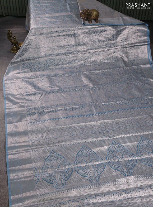 Bangalori tissue silk saree pastel blue with allover zari woven brocade weaves and zari woven border