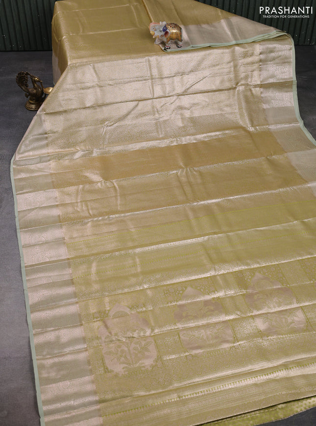 Bangalori tissue silk saree pista green with allover zari woven brocade weaves and zari woven border
