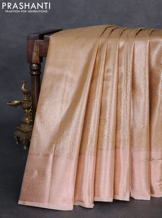 Bangalori tissue silk saree sandal with allover zari woven brocade weaves and zari woven border