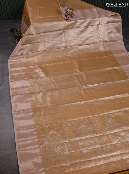 Bangalori tissue silk saree sandal with allover zari woven brocade weaves and zari woven border