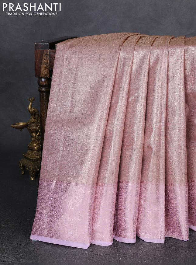 Bangalori tissue silk saree peach and lotus pink with allover zari woven brocade weaves and zari woven border