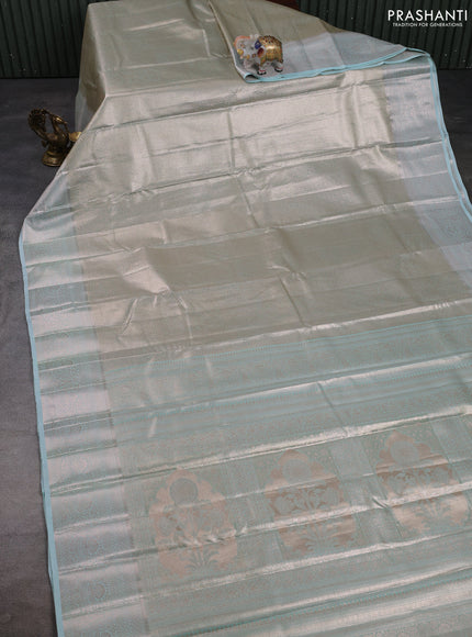 Bangalori tissue silk saree teal blue with allover zari woven brocade weaves and zari woven border