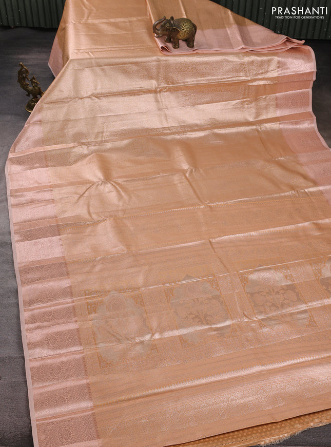 Bangalori tissue silk saree peach shade with allover zari woven brocade weaves and zari woven border