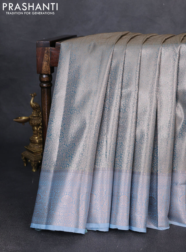 Bangalori tissue silk saree bluish grey with allover zari woven brocade weaves and zari woven border