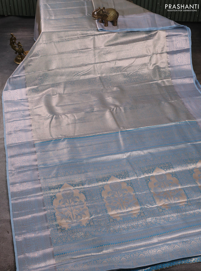 Bangalori tissue silk saree bluish grey with allover zari woven brocade weaves and zari woven border