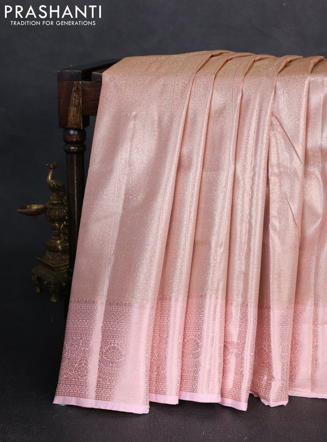 Bangalori tissue silk saree peach pink and baby pink with allover zari woven brocade weaves and zari woven border