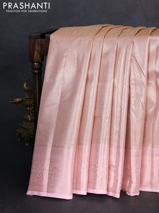 Bangalori tissue silk saree peach pink and baby pink with allover zari woven brocade weaves and zari woven border