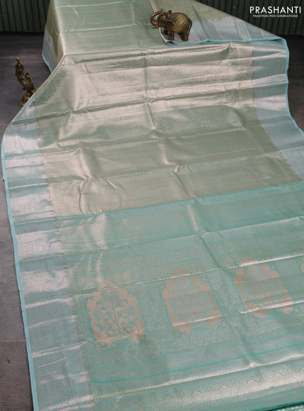 Bangalori tissue silk saree teal green with allover zari woven brocade weaves and zari woven border
