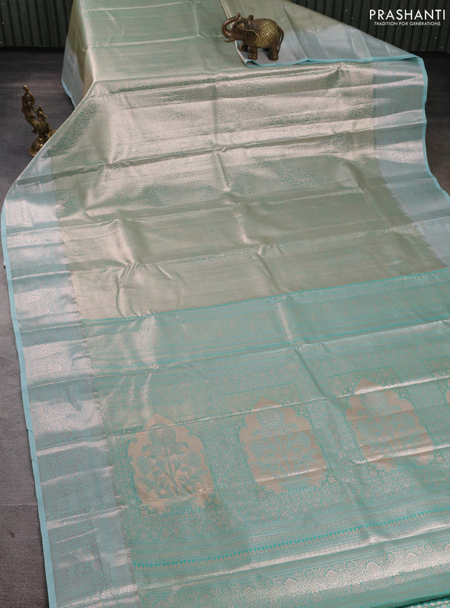 Bangalori tissue silk saree teal green with allover zari woven brocade weaves and zari woven border
