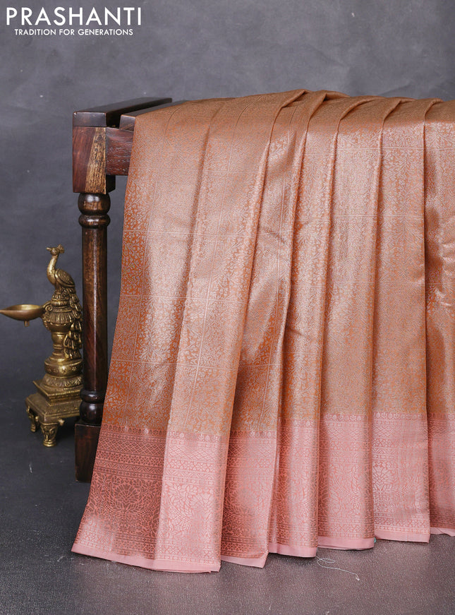 Bangalori tissue silk saree peach orange and peach shade with allover zari woven brocade weaves and zari woven border