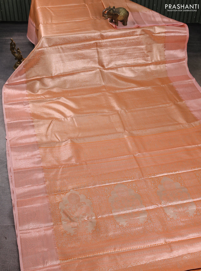 Bangalori tissue silk saree peach orange and peach shade with allover zari woven brocade weaves and zari woven border