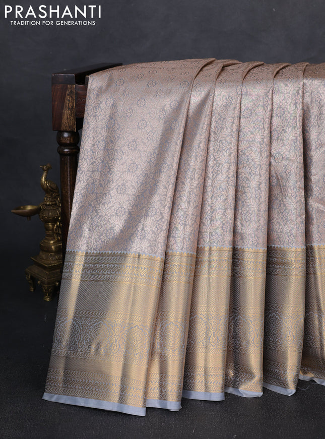 Bangalori tissue silk saree grey with allover zari woven brocade weaves and long zari woven border