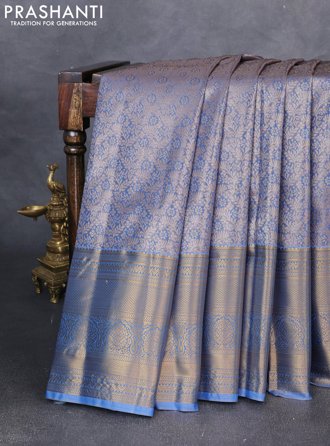 Bangalori tissue silk saree blue with allover zari woven brocade weaves and long zari woven border