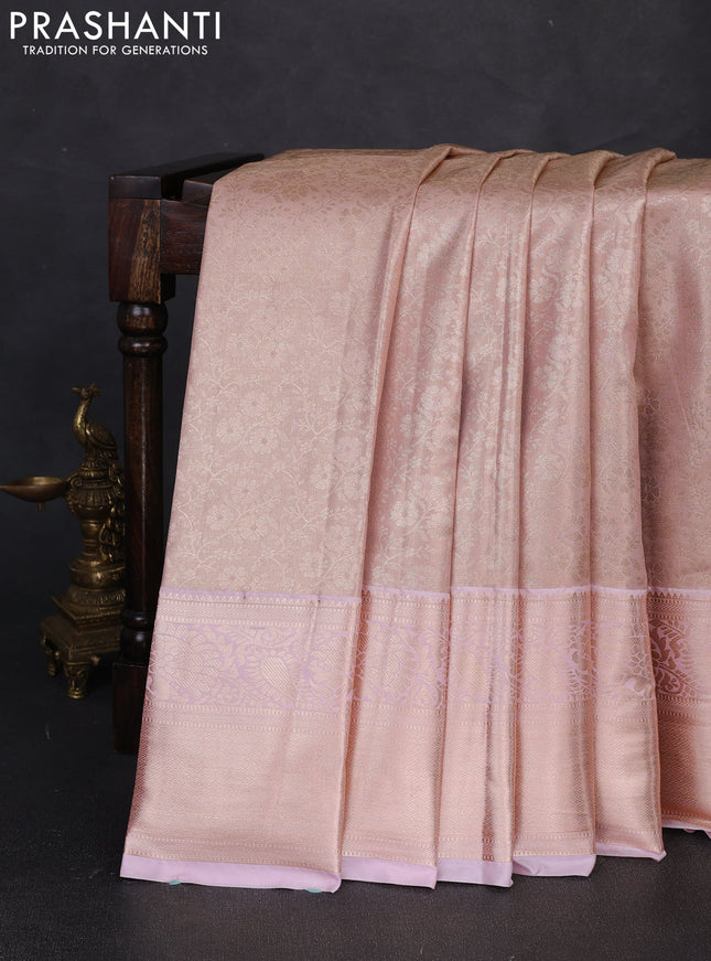 Bangalori tissue silk saree baby pink with allover zari woven brocade weaves and long zari woven border