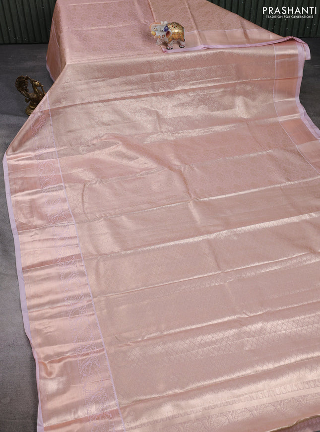Bangalori tissue silk saree baby pink with allover zari woven brocade weaves and long zari woven border