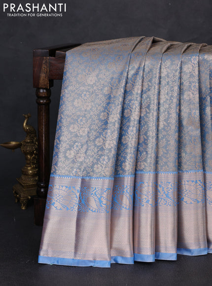 Bangalori tissue silk saree blue with allover zari woven brocade weaves and long zari woven border