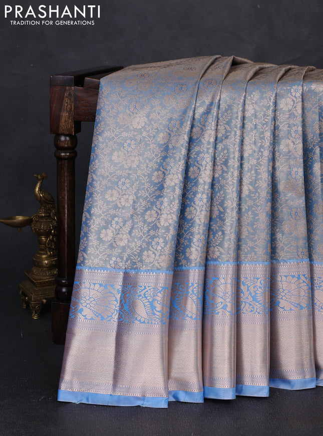 Bangalori tissue silk saree blue with allover zari woven brocade weaves and long zari woven border