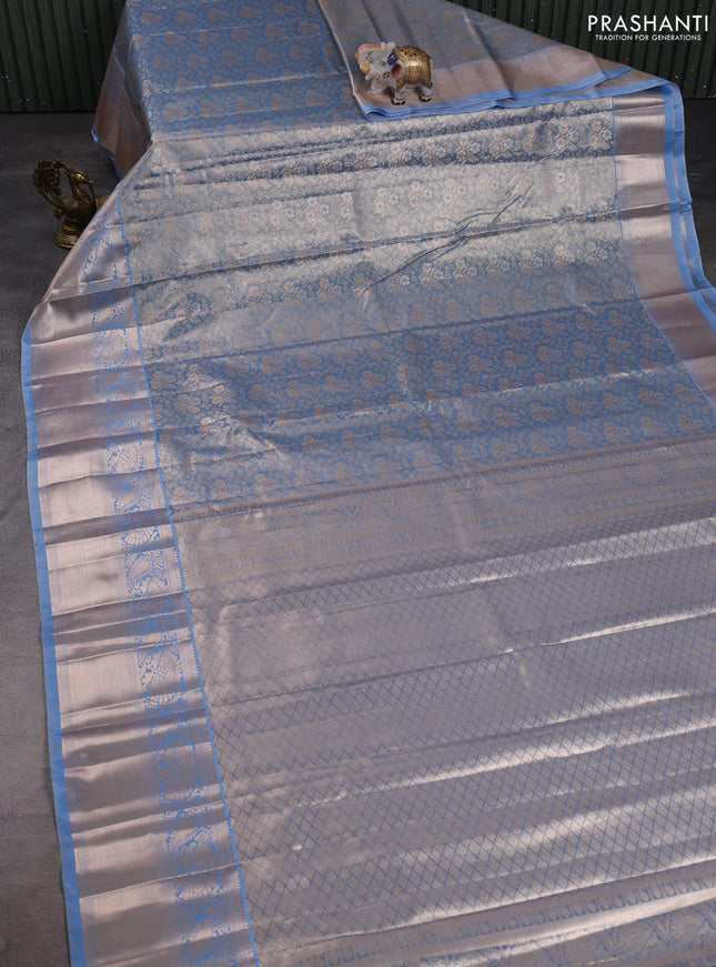 Bangalori tissue silk saree blue with allover zari woven brocade weaves and long zari woven border