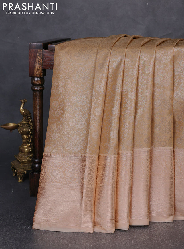 Bangalori tissue silk saree sandal with allover zari woven brocade weaves and long zari woven border