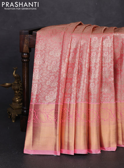 Bangalori tissue silk saree peach pink with allover zari woven brocade weaves and long zari woven border
