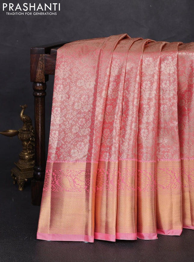Bangalori tissue silk saree peach pink with allover zari woven brocade weaves and long zari woven border