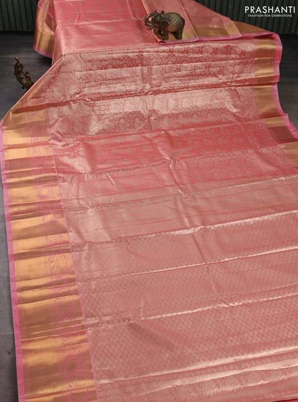 Bangalori tissue silk saree peach pink with allover zari woven brocade weaves and long zari woven border
