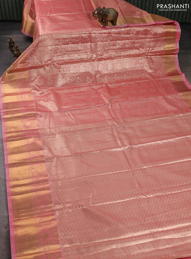 Bangalori tissue silk saree peach pink with allover zari woven brocade weaves and long zari woven border