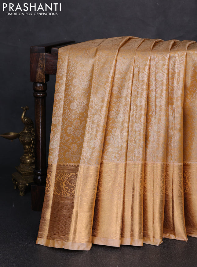 Bangalori tissue silk saree sandal with allover zari woven brocade weaves and long zari woven border