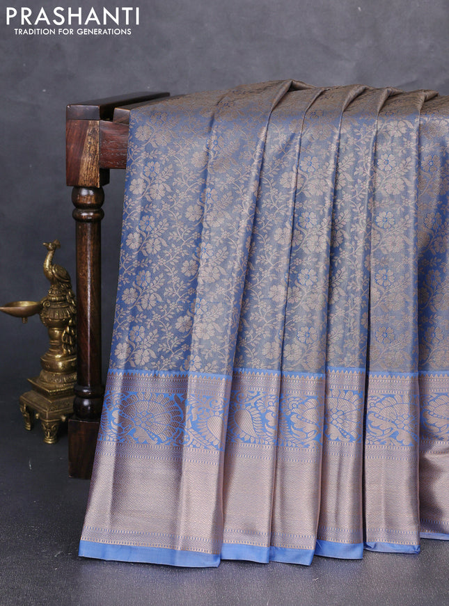 Bangalori tissue silk saree pastel blue with allover zari woven brocade weaves and long zari woven border