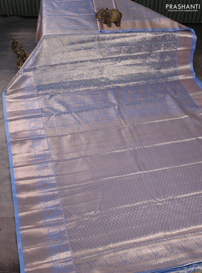 Bangalori tissue silk saree pastel blue with allover zari woven brocade weaves and long zari woven border