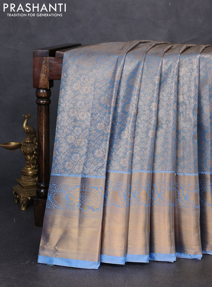 Bangalori tissue silk saree pastel blue with allover zari woven brocade weaves and long zari woven border