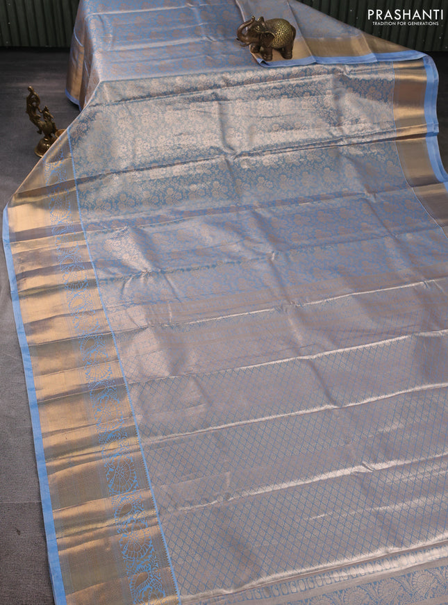 Bangalori tissue silk saree pastel blue with allover zari woven brocade weaves and long zari woven border