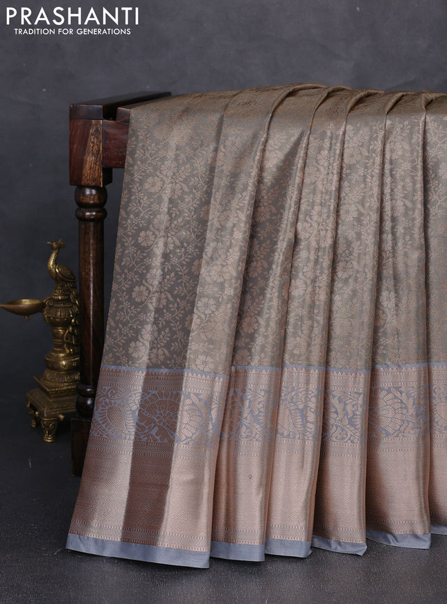 Bangalori tissue silk saree grey with allover zari woven brocade weaves and long zari woven border