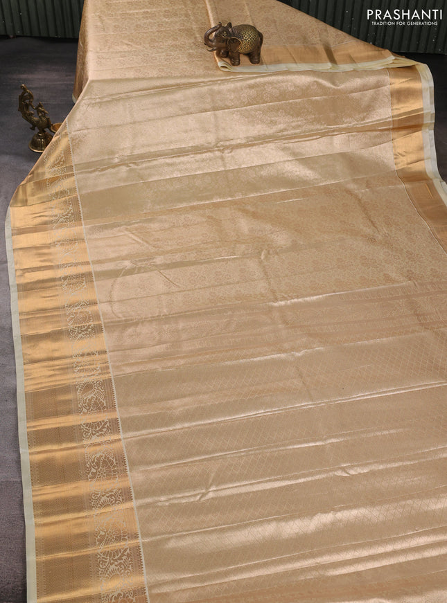 Bangalori tissue silk saree cream with allover zari woven brocade weaves and long zari woven border