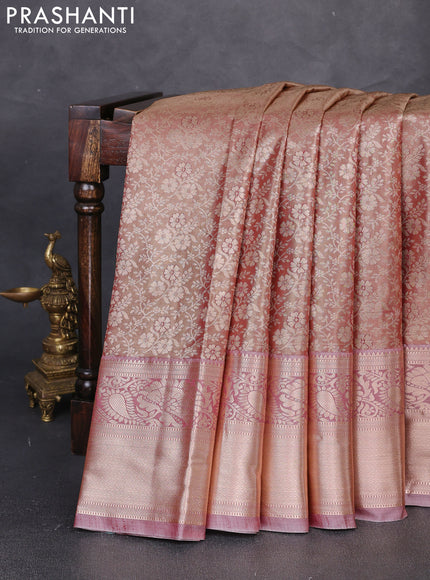 Bangalori tissue silk saree peach with allover zari woven brocade weaves and long zari woven border