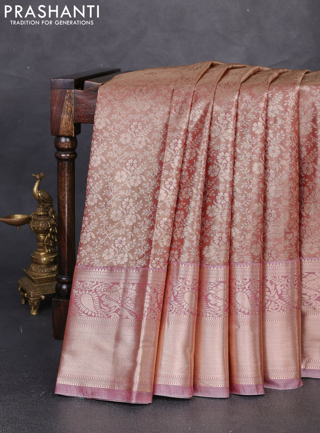 Bangalori tissue silk saree peach with allover zari woven brocade weaves and long zari woven border