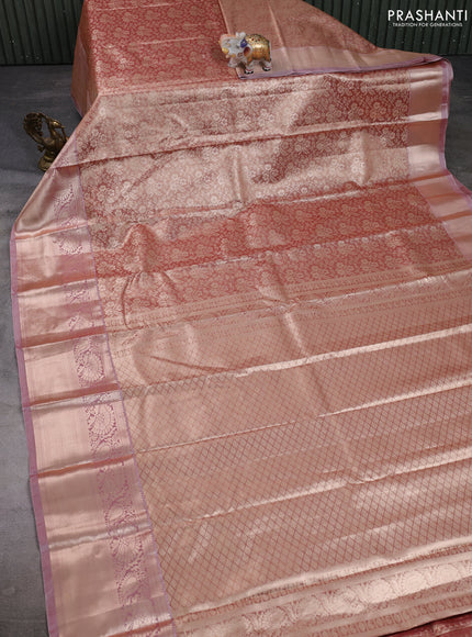 Bangalori tissue silk saree peach with allover zari woven brocade weaves and long zari woven border