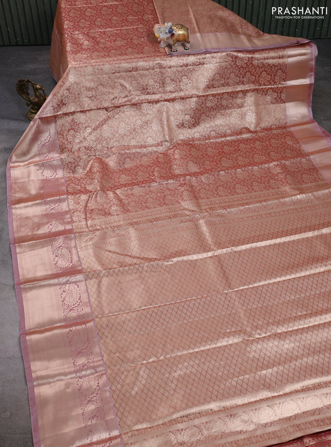 Bangalori tissue silk saree peach with allover zari woven brocade weaves and long zari woven border