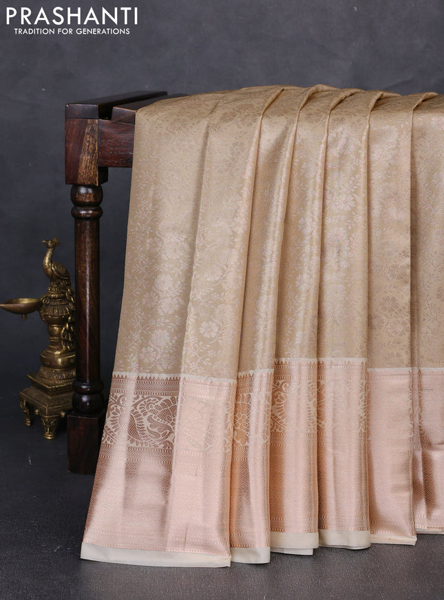 Bangalori tissue silk saree cream with allover zari woven brocade weaves and long zari woven border