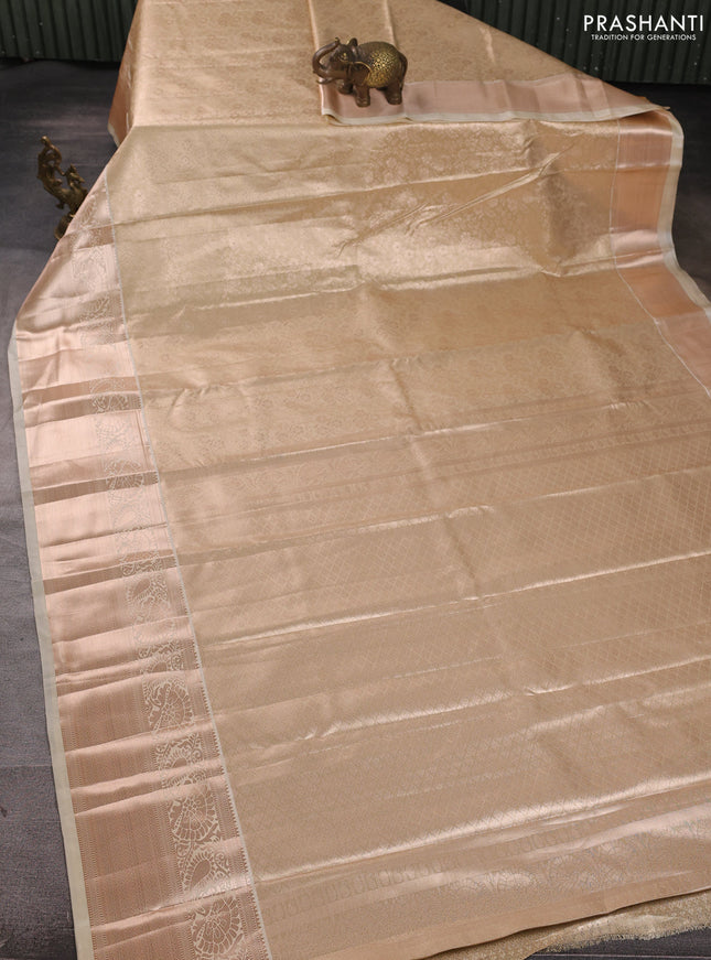 Bangalori tissue silk saree cream with allover zari woven brocade weaves and long zari woven border