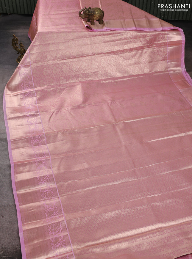 Bangalori tissue silk saree light pink with allover zari woven brocade weaves and long zari woven border