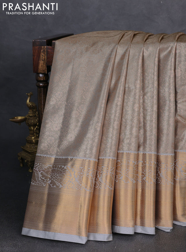 Bangalori tissue silk saree grey with allover zari woven brocade weaves and long zari woven border