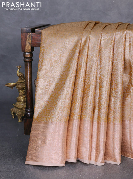 Bangalori tissue silk saree mustard yellow and pale orange with allover zari woven brocade weaves and zari woven border