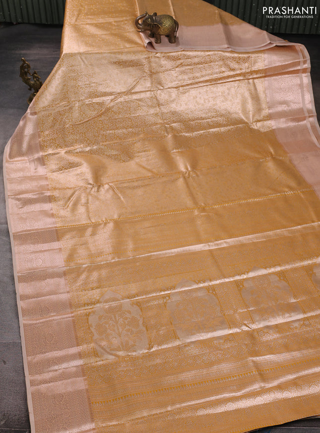 Bangalori tissue silk saree mustard yellow and pale orange with allover zari woven brocade weaves and zari woven border