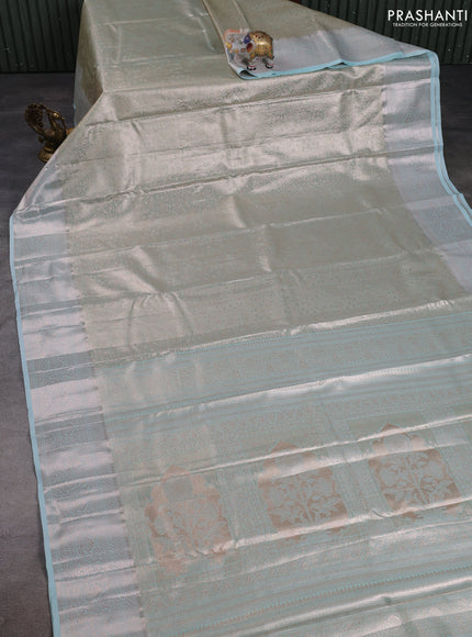 Bangalori tissue silk saree teal blue with allover zari woven brocade weaves and zari woven border