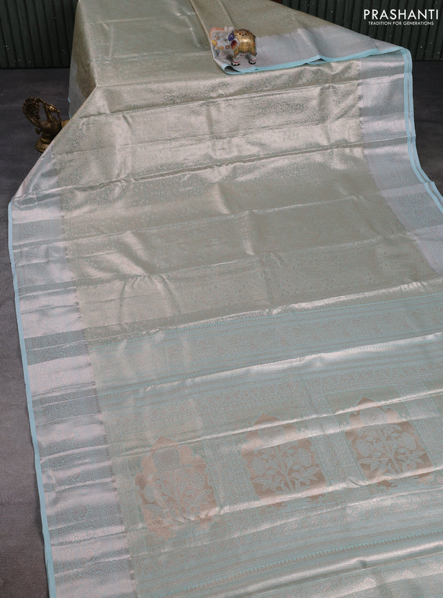 Bangalori tissue silk saree teal blue with allover zari woven brocade weaves and zari woven border