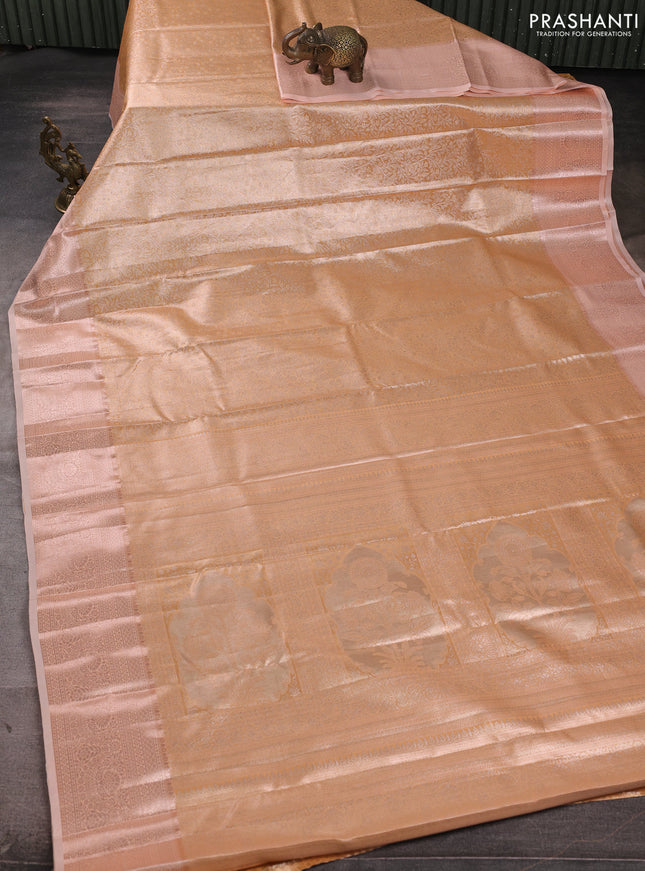 Bangalori tissue silk saree peach orange and peach shade with allover zari woven brocade weaves and zari woven border
