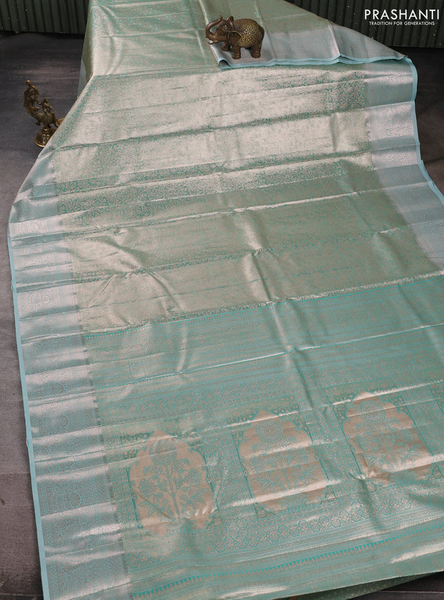 Bangalori tissue silk saree teal blue with allover zari woven brocade weaves and zari woven border